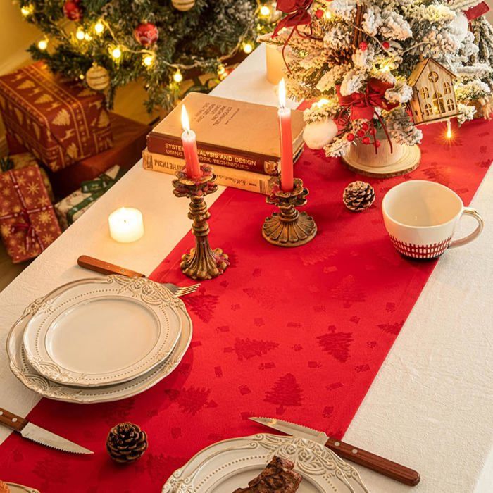 Chemin De Table De Noël Brodé - Motif Arbre Rouge Sur Fond Multicolore - Dimensions 40 X 90 Cm - 100% Polyester Lavable