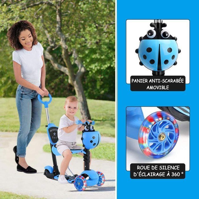 Trottinette Enfant Avec Siège Amovible – Hauteur Réglable 2-8 Ans – Pliable, Roues Flash, Poids Max 80 Kg