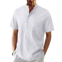 T-shirt Homme en Lin - AIEVIS - Col rond boutons Manches courtes - Couleur unie Casual - Blanc