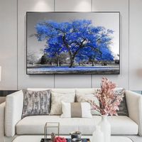 Bleu Vie Arbre Art Impression Sur Toile Peinture Noir Et Blanc Paysage Mur Photo Salon Moderne Décoration 50x70cm Sans Cadre