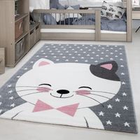 Tapis enfant doux chat pattern Mufe points enfants chambre rose gris blanc  [80x150 cm]