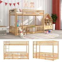 CREAHAPPY Lit superposé avec escalier, lit enfant avec protection antichute et grille, naturel 200x90cm