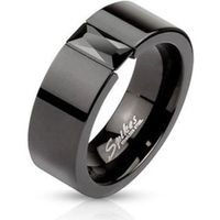 Bague anneau de fiançailles couple en acier avec pierre noire - Mixte - Argenté