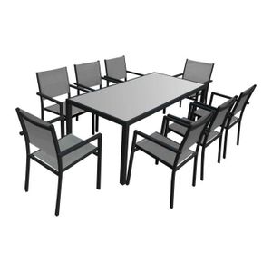 Ensemble table et chaise de jardin Salon de jardin BARI en textilène gris 8 places - 