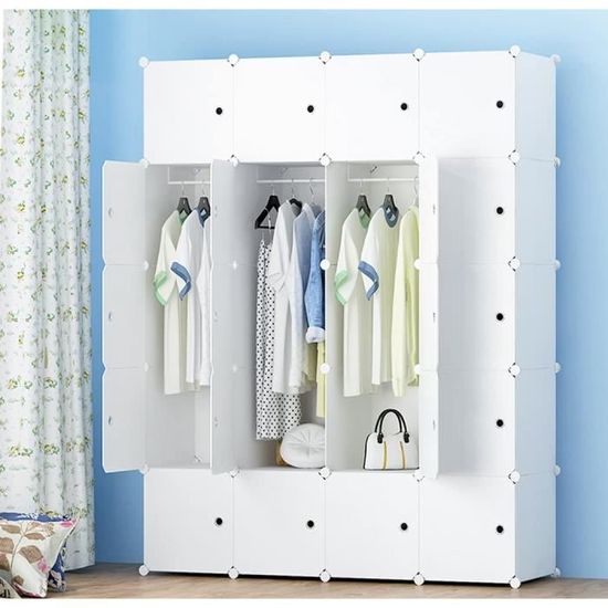 NAIZY Armoire DIY En Plastique Noir 16 Cubes Avec 2 Tringles à Vêtements - Rangement Modulable