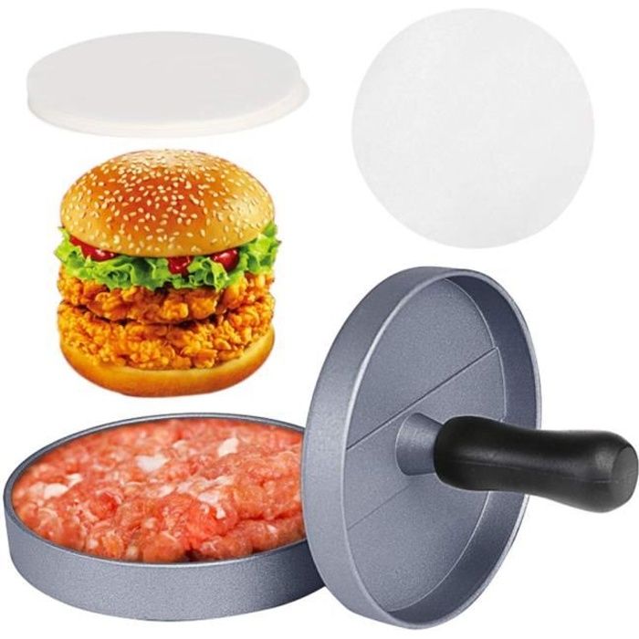 Presse à Burger Steak Haché Antiadhésif Moule à Patty Diamètre 11.7cm en Aluminium Avec 80 Papier Disques de Cire (2 pack)