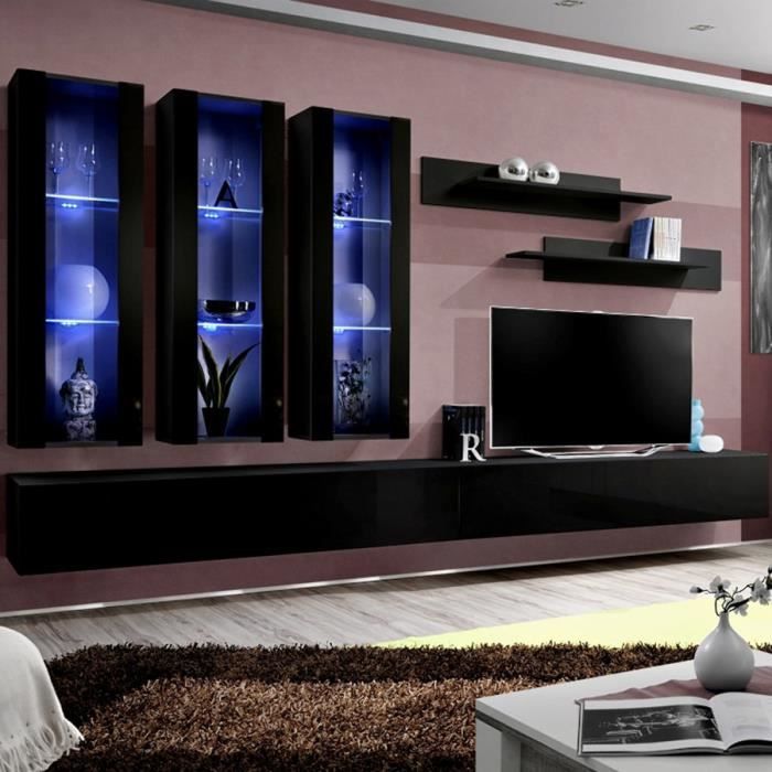 Ensemble meuble TV noir design PIAZZA Noir L 320 x P 40 x H 190 cm