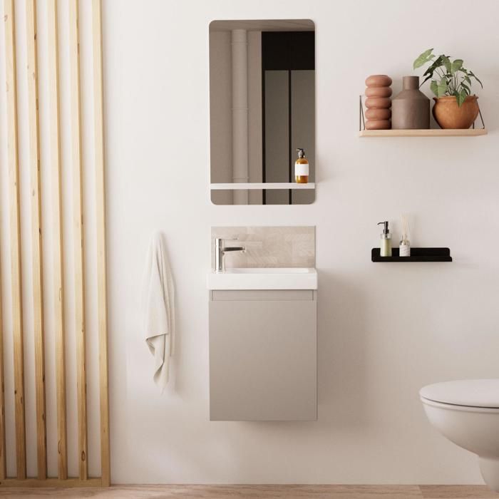 Lave-mains gris sable LISA avec miroir tablette blanche