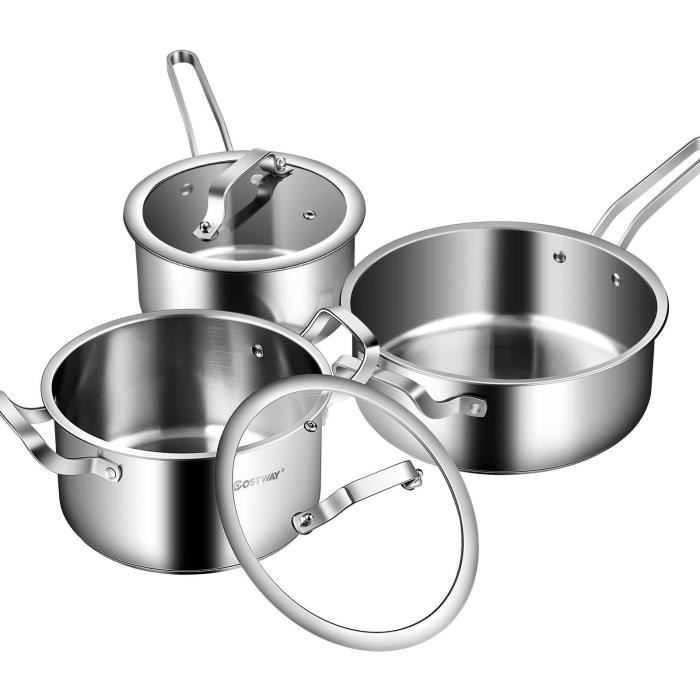 COSTWAY Batterie de Cuisine 6 Pcs. Adapter au Induction / Gaz / Feux Vitrocéramiques,en Acier Inoxydable