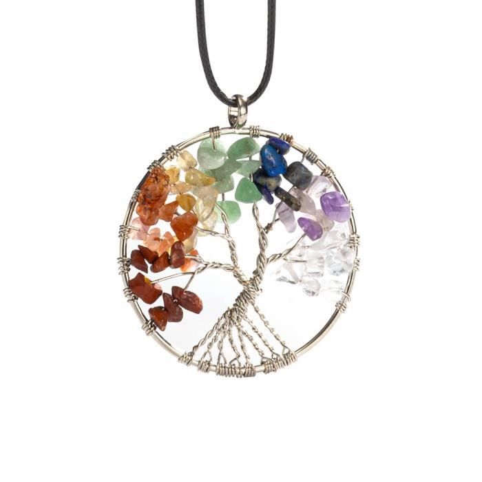 Bijoux Pendentif Collier 7 Pierres Chakra Naturelles DIY Arbre de la Vie en Cuivre Fil Forme Rond Perles Pierre Precieuse d'Energie