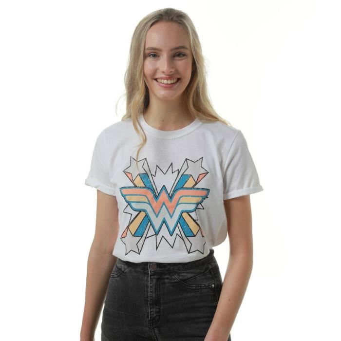 DC Comics T-Shirt Super Héros à Manches Courtes Pour Femme - Motif Imprimé Wonder Woman Logo Style Rétro - Blanc