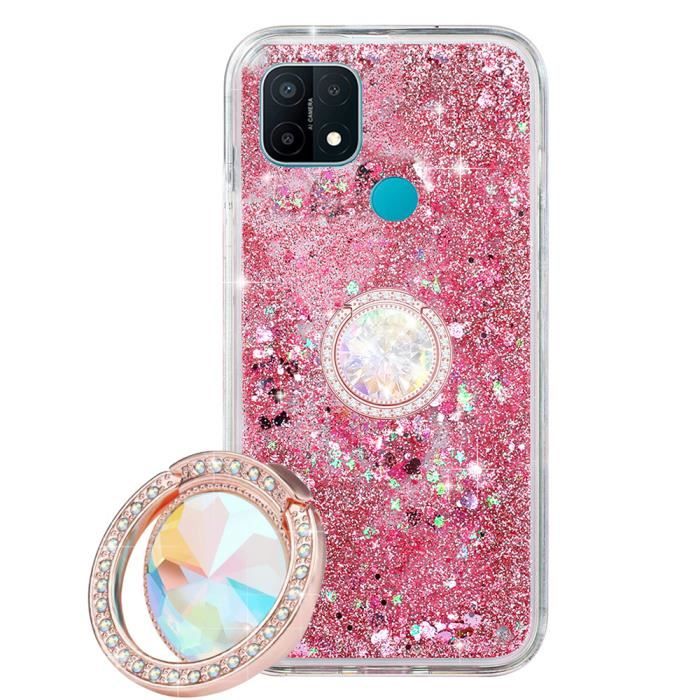 Coque pour Oppo A15 Etui Étincelle Glitter Liquide Paillette 3D Housse avec Anneau Stand Support Or Rose