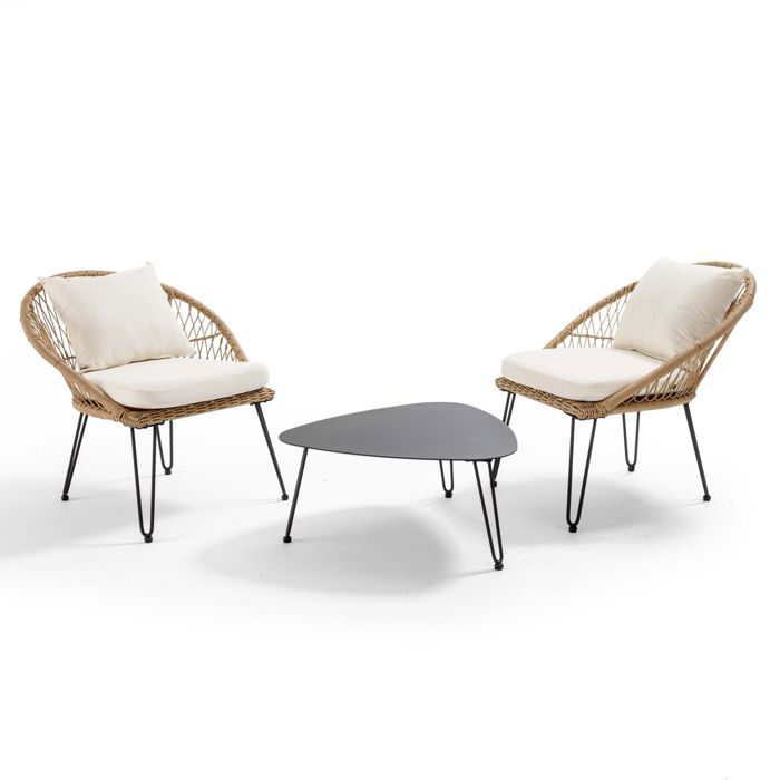 Salon de jardin en 2 places imitation rotin avec coussins, 2 fauteuils et table basse, Bora Bora Naturel