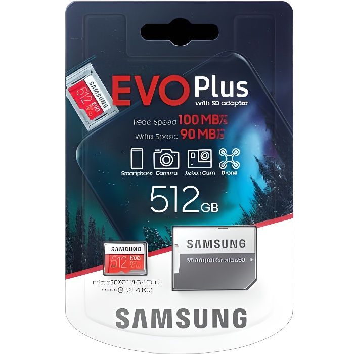 Samsung Mémoire MB-MC512H Evo Plus de 512 Go Carte Micro SD avec Adaptateur Rouge/Blanc nouvelle version 2020