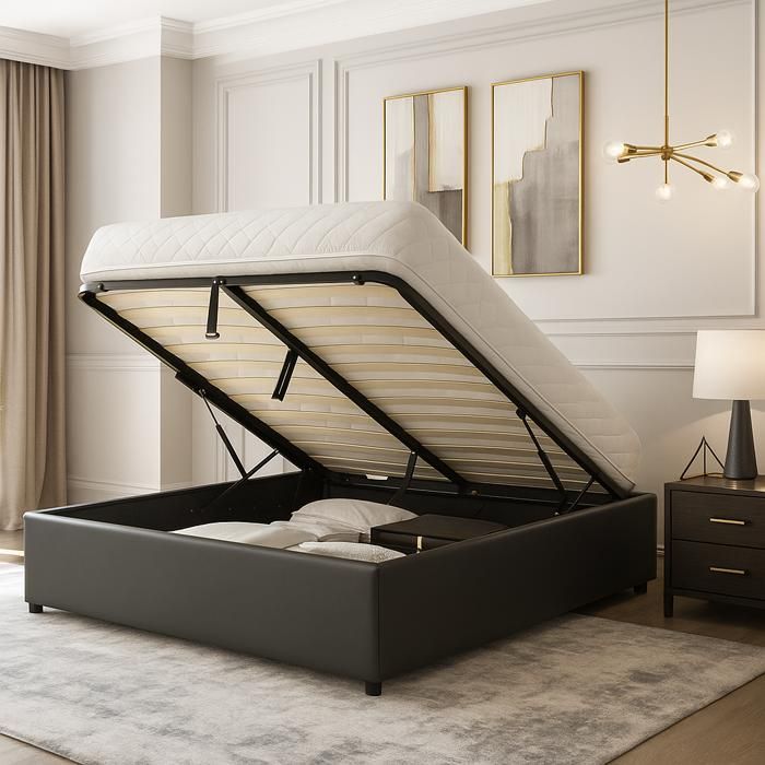 Sommier Coffre Vegas - 140x190 cm - Simili cuir Gris - Grand espace de stockage