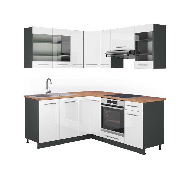 Cuisine En Angle Fame-Line Vicco – 190 Cm, Chêne Blanc, Haute Brillance, Meuble Cuisine Intégrée
