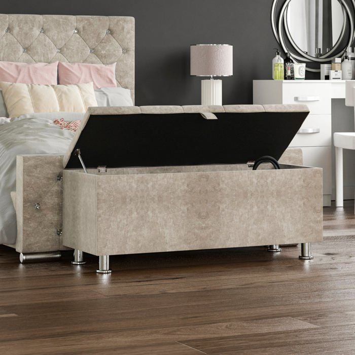 Banc coffre de rangement Valencia en velours froissé champagne – Repose-pieds tabouret siège de lit avec espace de rangement