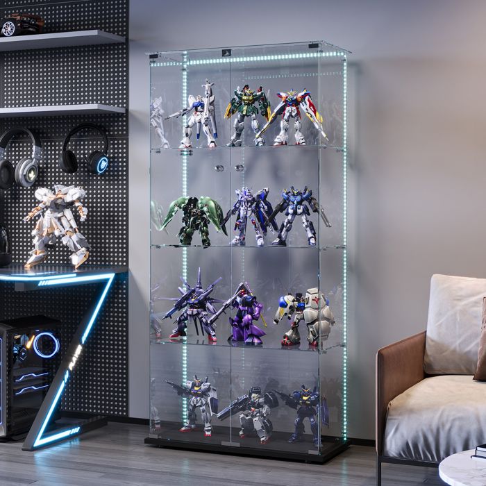 Grande Vitrine en Verre - 163 cm 2 Porte - 4 Niveaux avec Éclairage LED RGB et Serrures - Argentier pour Collection