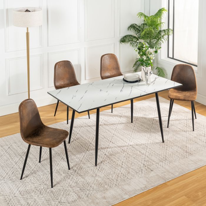 URBAN MEUBLE - ensemble de salle à manger - 5 pièces - table à manger extensible  blanche - avec 4 chaises vintage marron