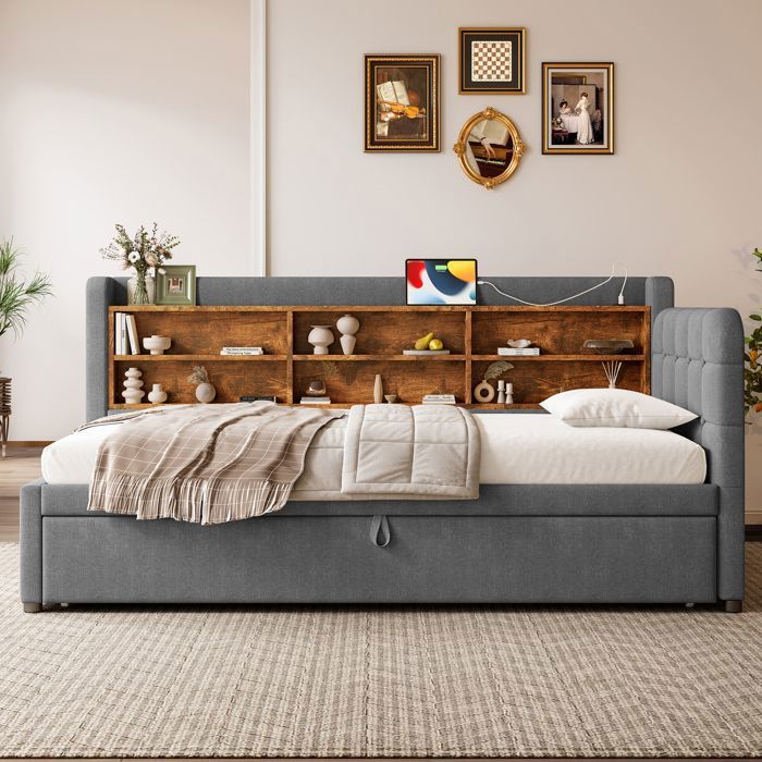 Canapé-lit 90 x 200 et 180 x 200 cm lit gigogne multifonction avec rangement ports USB + Type C sommier à lattes gris lin