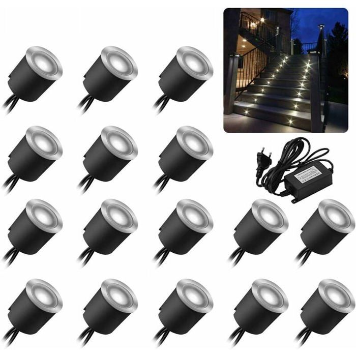Lot de 16 spots LED encastrables au sol - Étanchéité IP67-0.6 W - Diamètre : 32 mm - Pour lintérieur et lextérieur - 4000 K - Blan