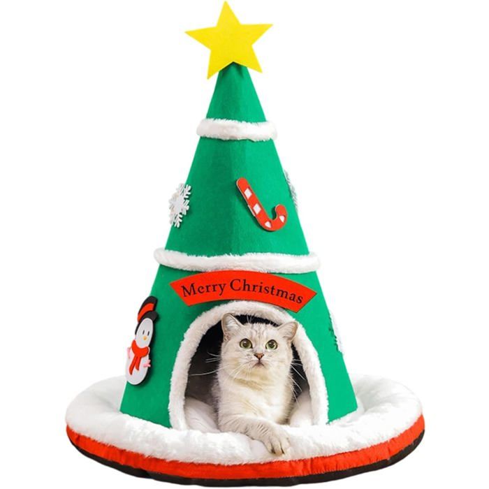 Caverne pour chat - MICH - Chaud antidérapant - Sapin de Noël - Lit doux - Coussin amovible - 60x60x70 cm