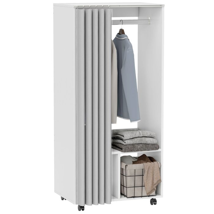 Armoire penderie - HOMCOM - avec rideau 4 roulettes tringle de suspension et étagères - 60 x 40 x 128 cm - blanc Armoire penderie - HOMCOM - avec rideau 4 roulettes tringle de suspension et étagères - 60 x 40 x 128 cm - blanc