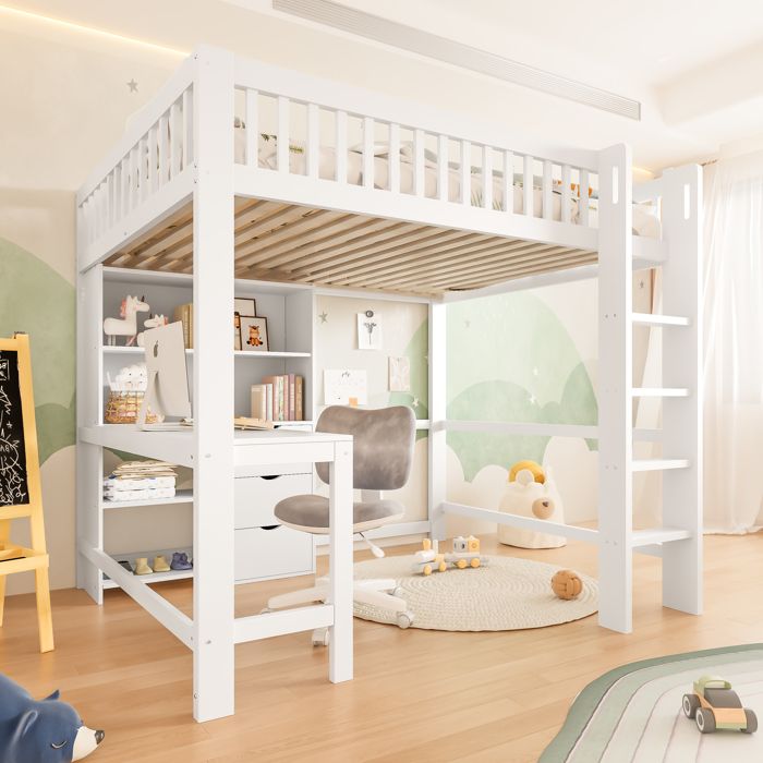 Lit mezzanine 140x200 cm EVRYAE - avec bureau 3 tiroirs et plusieurs étagères échelle sans matelas - Blanc