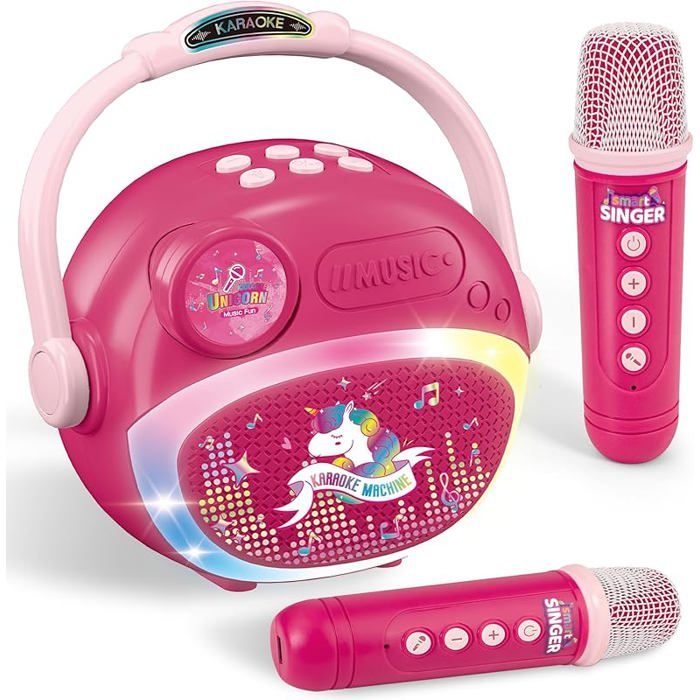 Micro Karaoké Enfant Portable ZWOOS - 2 Micros Sans Fil Bluetooth + Lumières LED - Rose - 3-12 Ans