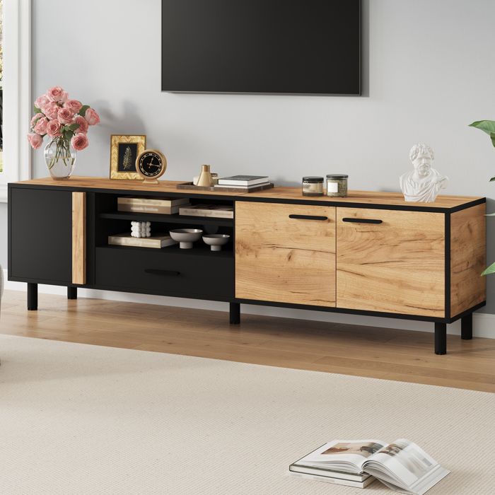 Meuble TV 180x32.5x50 cm - 3 portes et 1 tiroir - Rangement semi-ouvert - Avec 5 pieds - Panneaux de particules - Noir et naturel