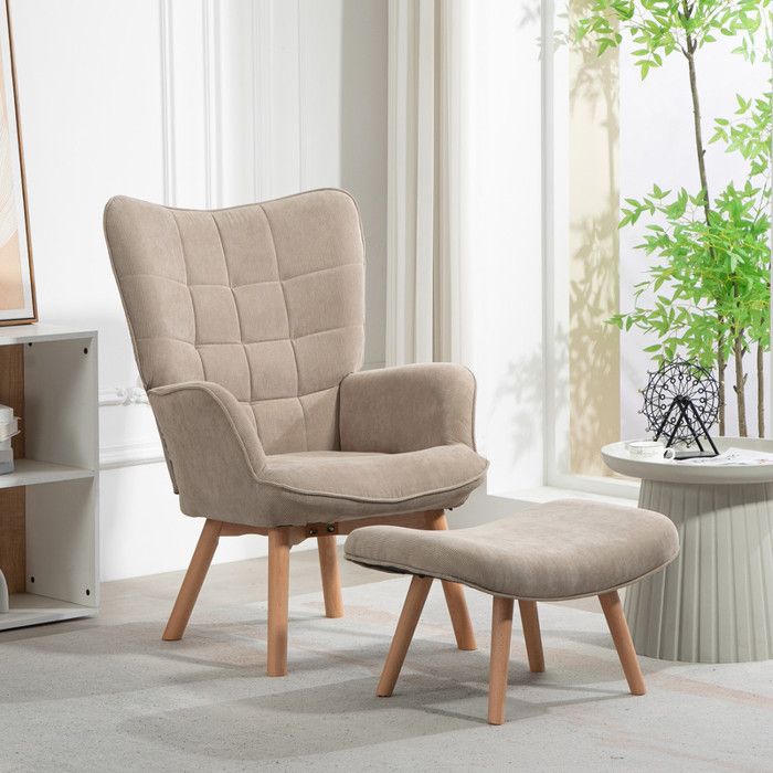 Fauteuil à oreilles - Kaki - Velours côtelé - 80x72x101 cm - Repose-pieds inclus - Pieds en bois de hêtre