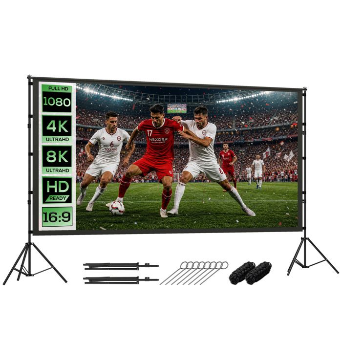 HOMCOM &Eacute;cran de projection -  - 120 16:9 HD 4K/8K - tr&eacute;pieds pliables angle vision 160&deg; - polyester - 309x62x217cm - blanc et noir 