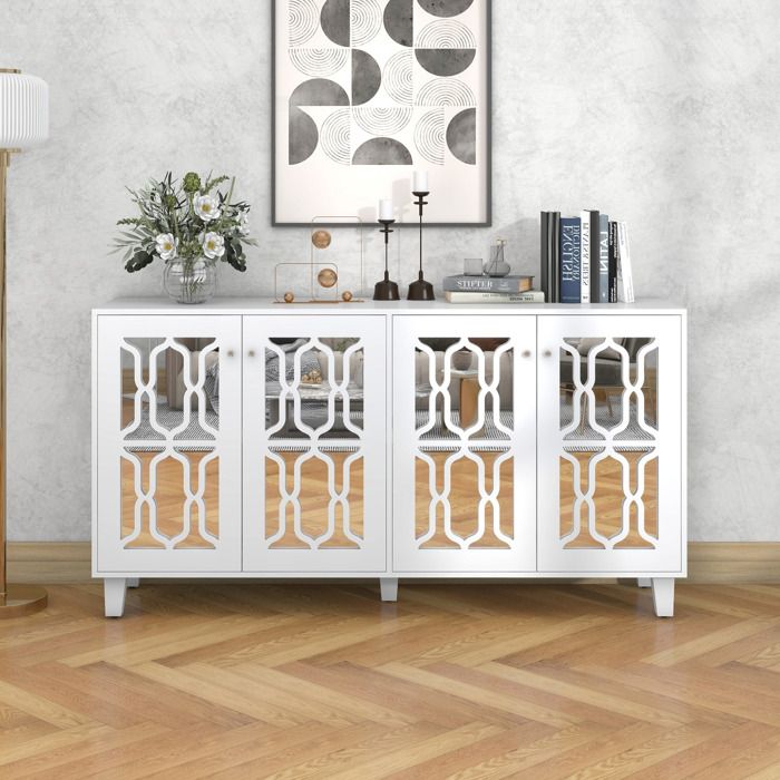 Buffet de cuisine 4 portes. meuble de rangement avec tablette mobile. façade effet miroir. MDF blanc. 160x40x84 cm