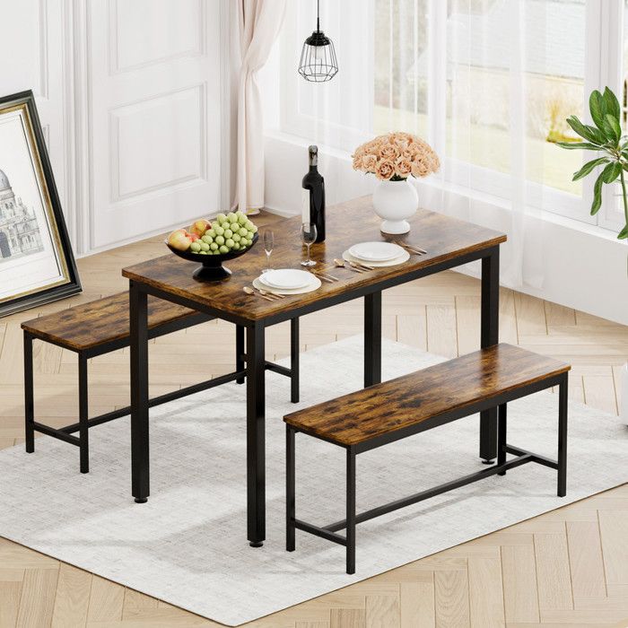 Ensemble Table à manger avec 2 bancs BELLEMAVE table de cuisine 4 places style industriel noir et brun rustique 110×60×75 cm