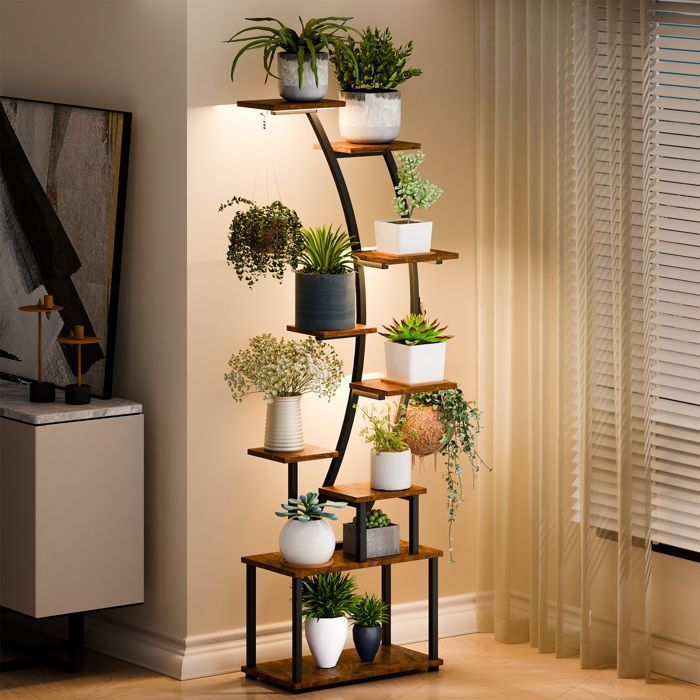 Support Plante Intérieur - FLASIDU - Lumière de Croissance - 9 Étagères - 2 Crochets - Étagère à Fleurs 155CM - Industriel