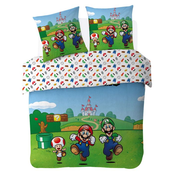 Parure de couette - Super Mario - 220x240 cm - 100% coton - Motif Mario Luigi et Toad
