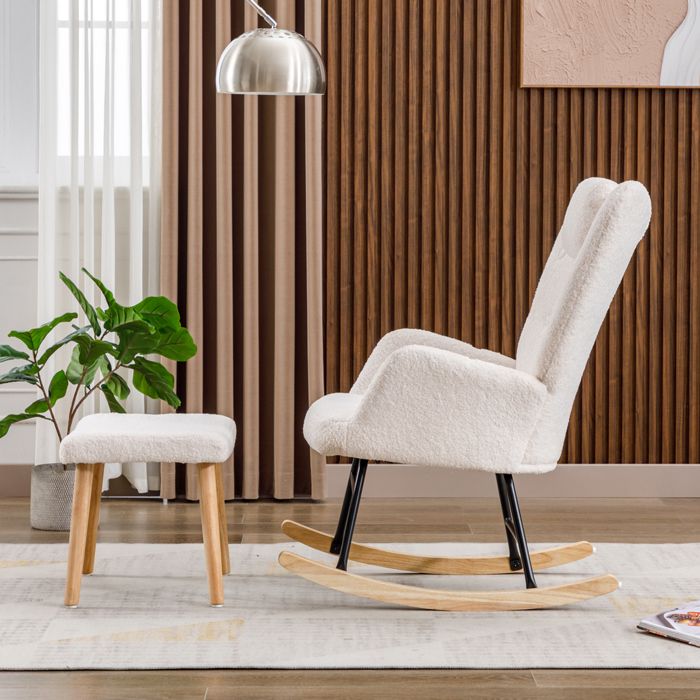 Rocking Chair en Tissu Bouclette avec Rembourrage Confortable - Fauteuil À Bascule Moderne avec Appui-Tête et Repose-Pieds - Blanc