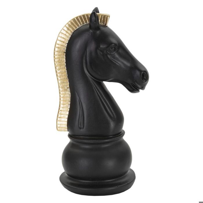 Sculpture Cavalier des échecs en résine noire et or - Réf. VK8681847402732