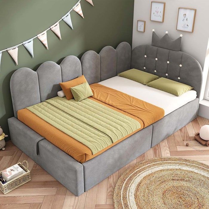 Lit enfant 90 x 200 cm - Velours gris - Tête de lit couronne - Coffre de rangement hydraulique - Cadre réversible