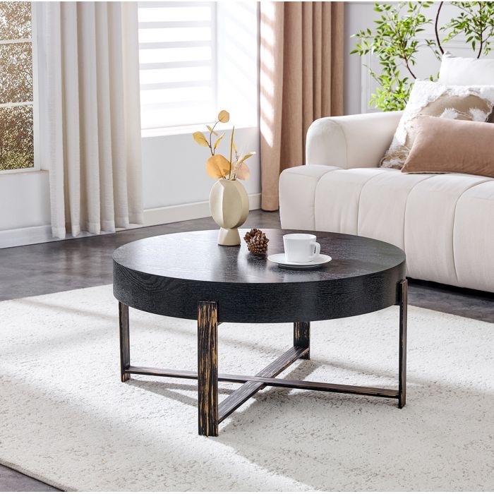 Table basse ronde 68 cm style industriel - TCQPZ - plateau MDF aspect bois noir piètement métal bronze antique 36 cm