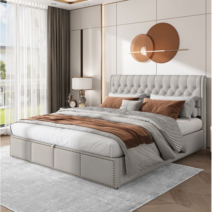 Lit rembourré en lin gris 160 x 200 cm avec coffre de rangement et clous décoratifs