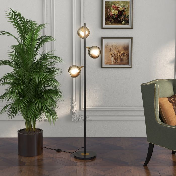 MOTHINESSTO1884-Lampadaire sur pied salon en métal avec 3 abat-jours globe métal chromé 40W Ø 36 x 162H cm noir et gris