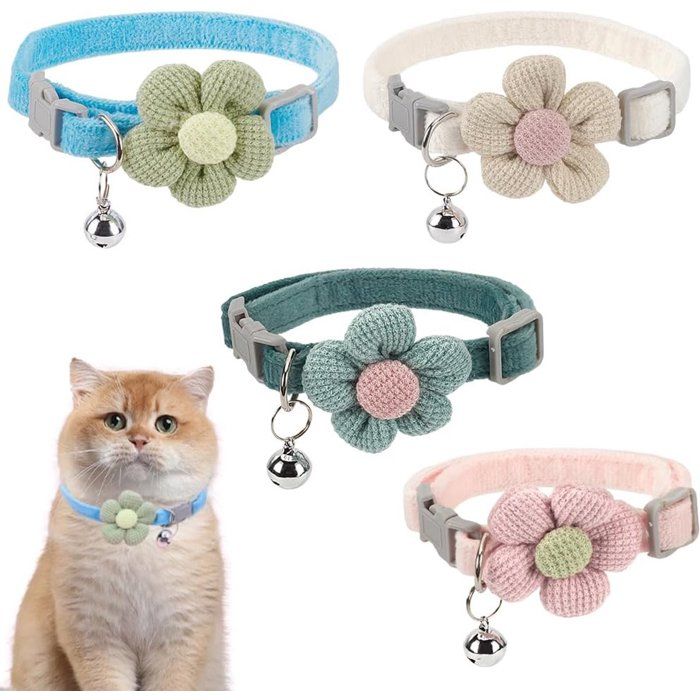 Colliers Réglables Pour Chats Et Petits Chiens Lot De 4 Avec Clochette Et Décor Fleur