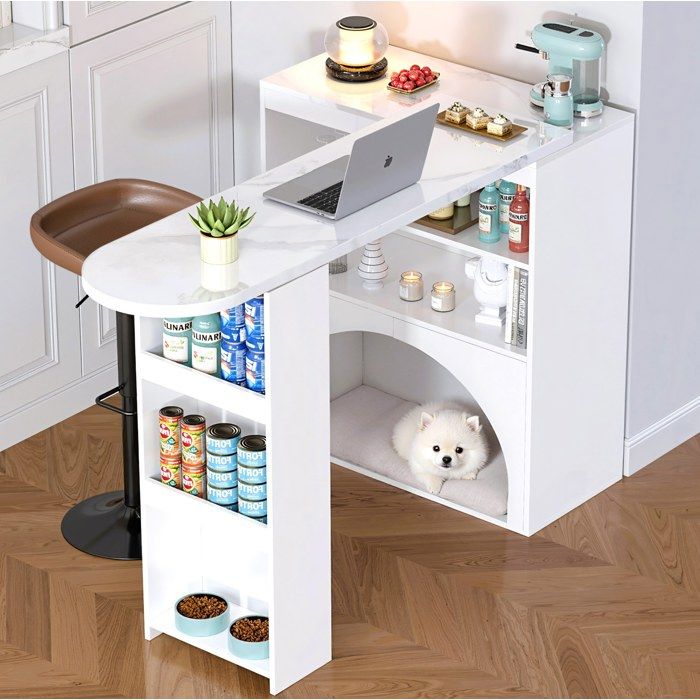 Buffet de cuisine extensible 120(+80)x40x100 cm avec rangements ouverts et niche basse MDF blanc effet marbre