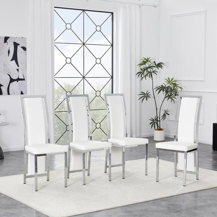 Lot de 4 chaises salle à manger - KOMHTOM - minimalistes - Cuir PU blanc - Dossier haut - Cadre métal argenté Lot de 4 chaises salle à manger - KOMHTOM - minimalistes - Cuir PU blanc - Dossier haut - Cadre métal argenté