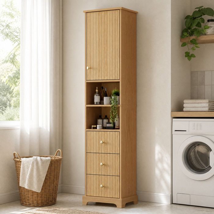 Colonne de salle de bain 40x30x172 cm armoire de sdb 3 tiroirs 1 placard 2 niches étagère réglable MDF couleur bois