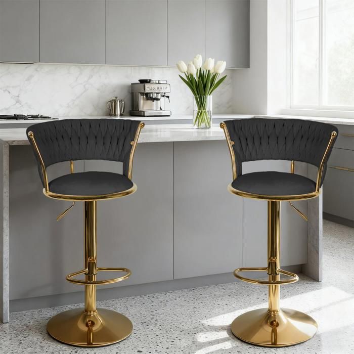 OHMG-Un Ensemble De Deux Tabourets De Bar Tressés-Velours-Charge Lourde-Pour Bars Et Îlots De Cuisine-Rotation À 360 Degrés-Noir