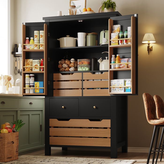 Buffet de Cuisine 2 Portes 5 Tiroirs et 2 Étagères Fixes Anti-Basculement MDF Noir 80×40×140 cm - UVRION