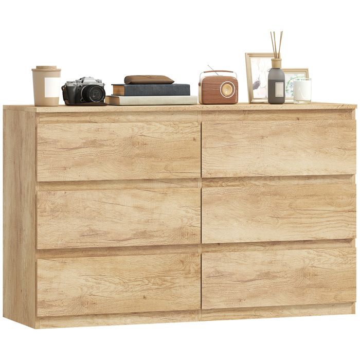 Commode - HOMCOM - 6 tiroirs meuble rangement épuré style moderne chambre salon - bois - 120x39x75cm - chêne Commode - HOMCOM - 6 tiroirs meuble rangement épuré style moderne chambre salon - bois - 120x39x75cm - chêne