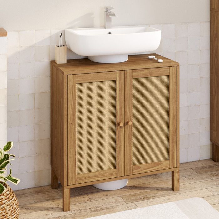 IDMARKET Meuble sous lavabo salle de bain HANAE effet naturel cannage IDMARKET Meuble sous lavabo salle de bain HANAE effet naturel cannage